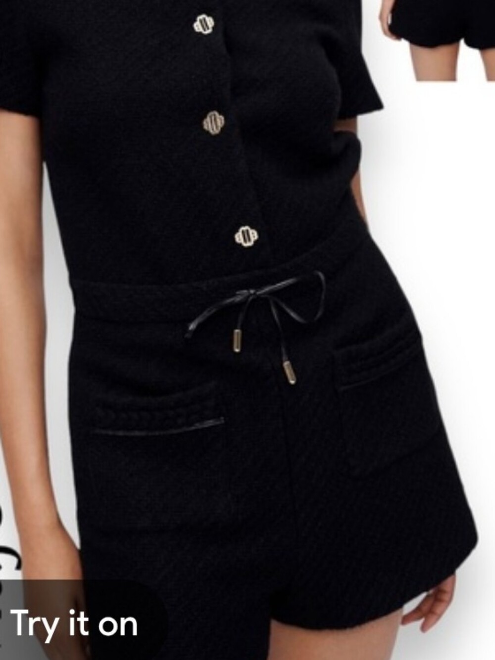 Maje Black Textured Short Romper with Drawstring Waist